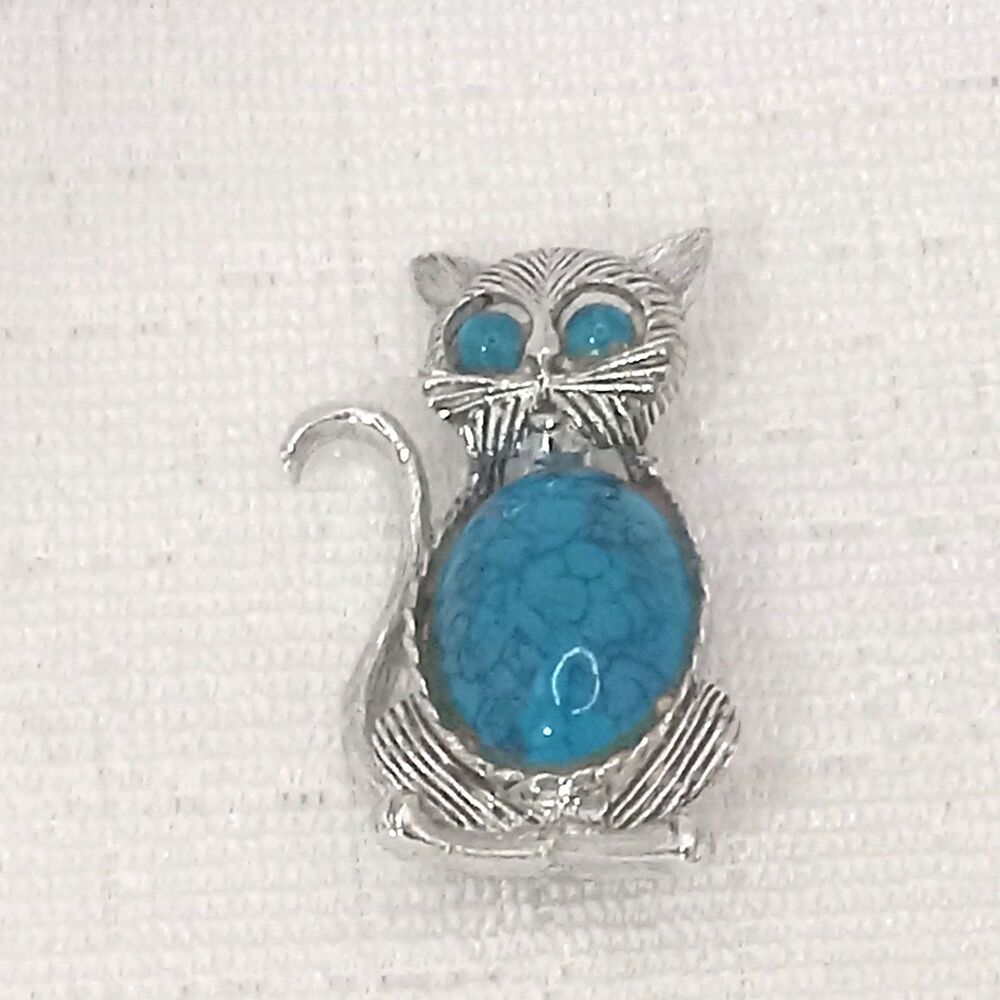 Silver Tone Cat Brooch Turquoise Cabochon Belly Blue Eyes Metal Signed Gerry